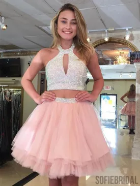 Cute Halter Two Piece Beaded Short Pink Homecoming Dresses 2018, CM488