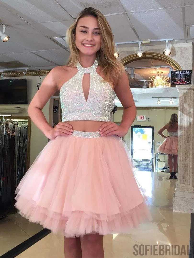 Cute Halter Two Piece Beaded Short Pink Homecoming Dresses 2018, CM488