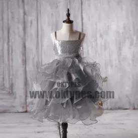 Dark Grey Sequin Organza Bustled Flower Tutu Dresses, Cheap Popular Flower Girl Dresses, TYP0626