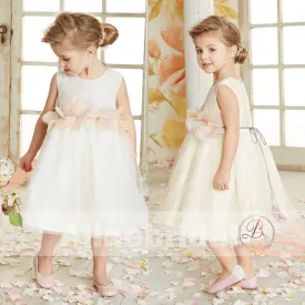 Dark Ivory Satin Tulle Sleeveless With Unique Sash Flower Girl Dresses, FGS090