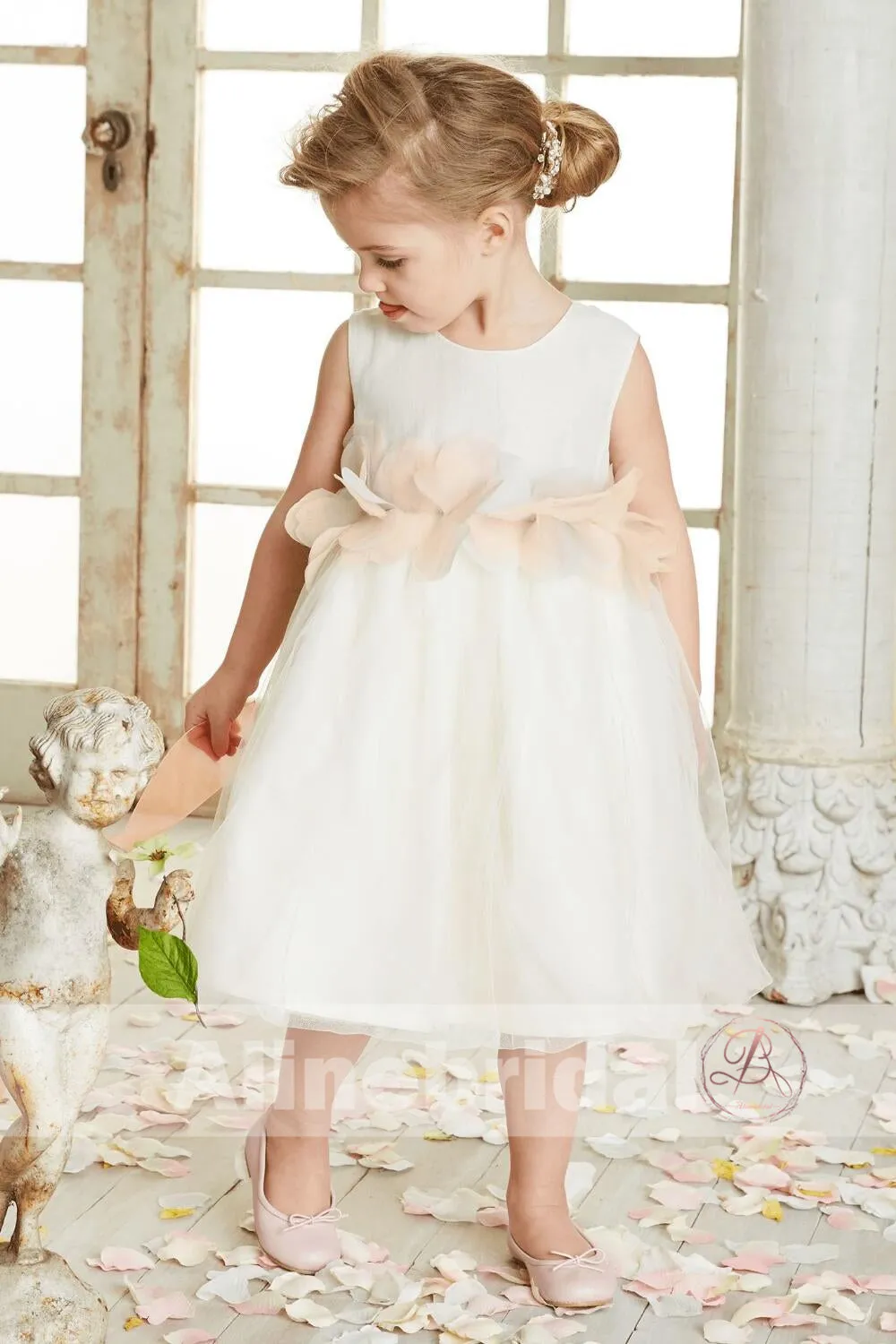 Dark Ivory Satin Tulle Sleeveless With Unique Sash Flower Girl Dresses, FGS090