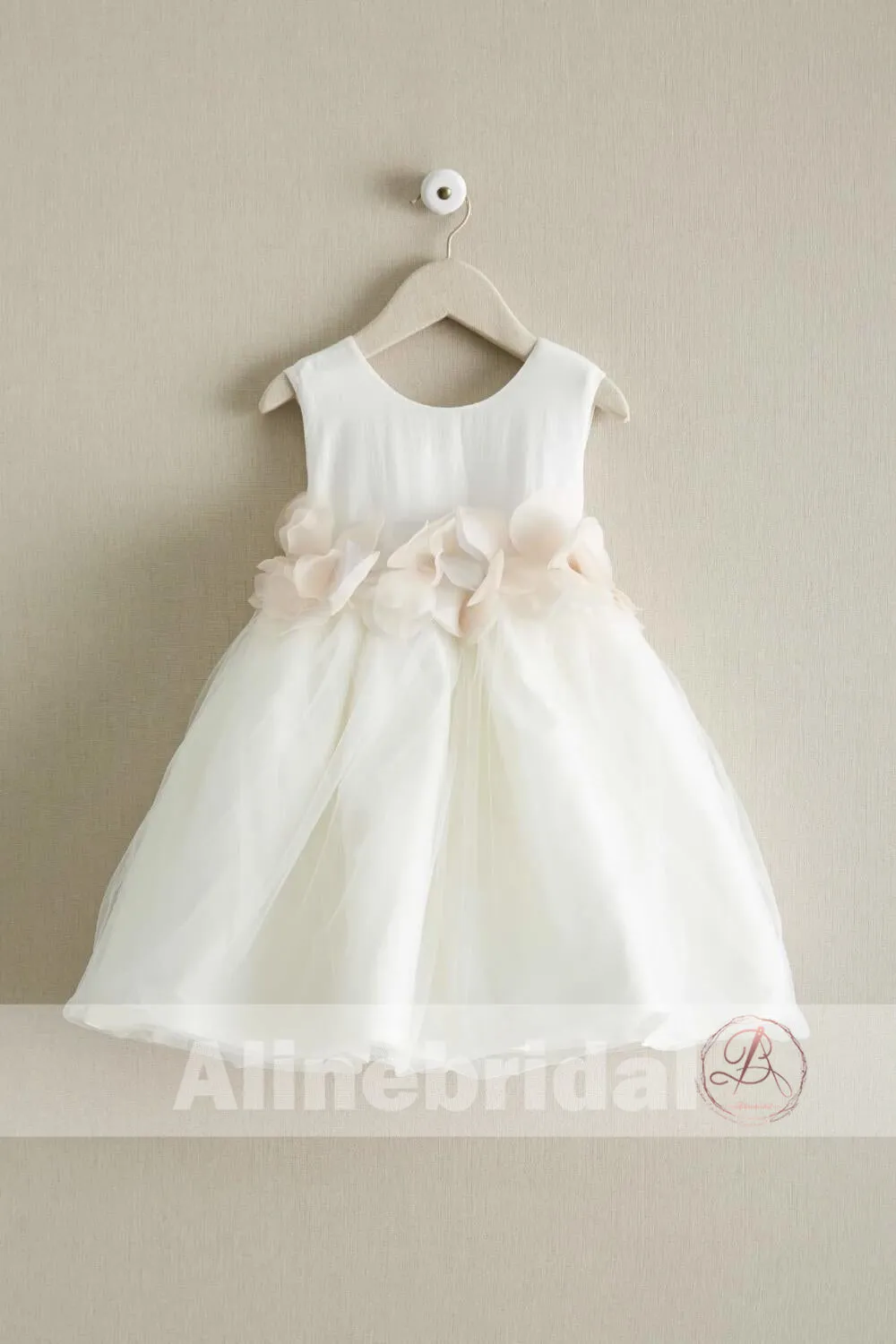 Dark Ivory Satin Tulle Sleeveless With Unique Sash Flower Girl Dresses, FGS090