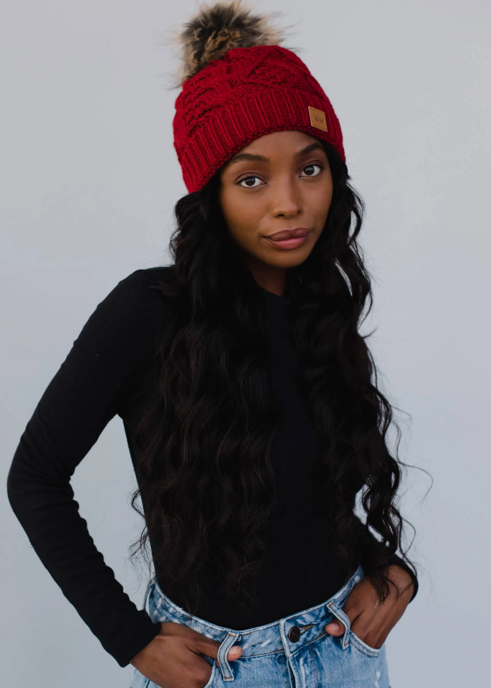 Dark Red Cable Knit Pom Hat