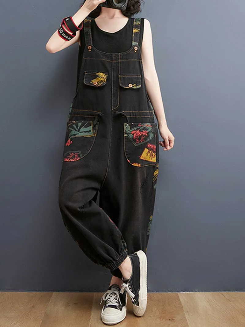 Denim Printed Women's Nine-Point Pants High Waist Overalls Dungaree