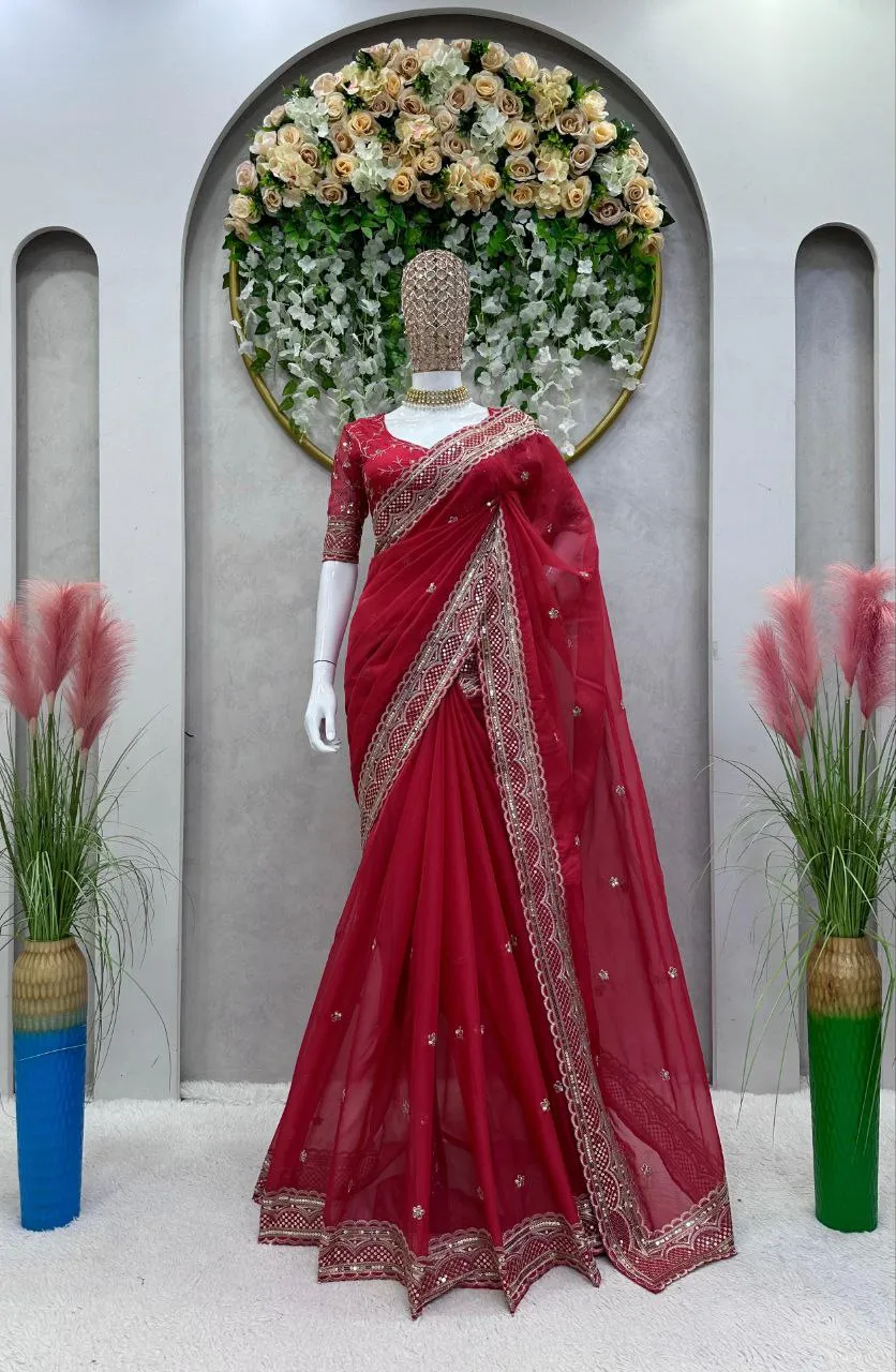 Designer Party Wear Red Women's Saree