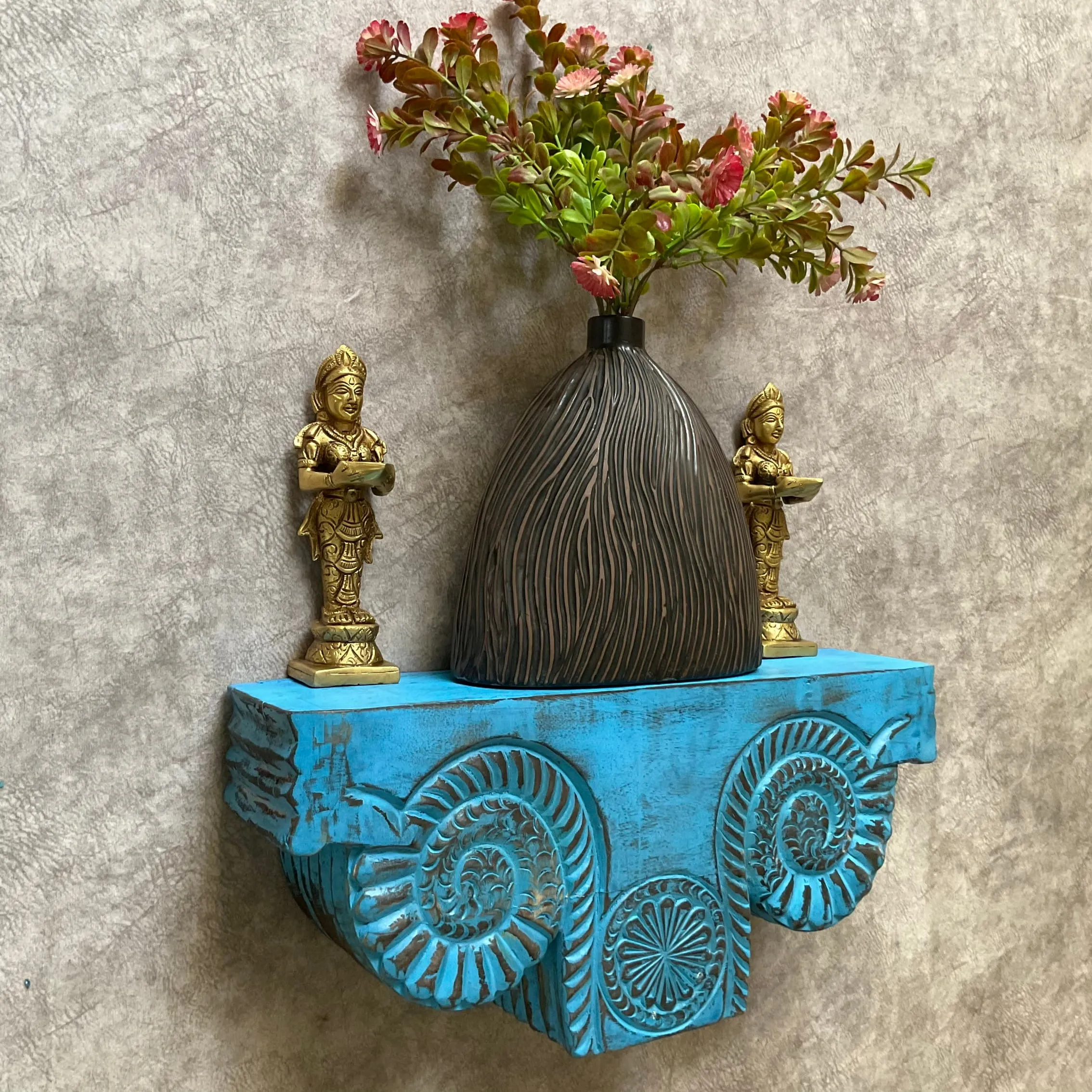 Distressed Wooded Blue Platform With Deep Lakshmi Wall Hanging - Decorative Wall decor (Set of 3)