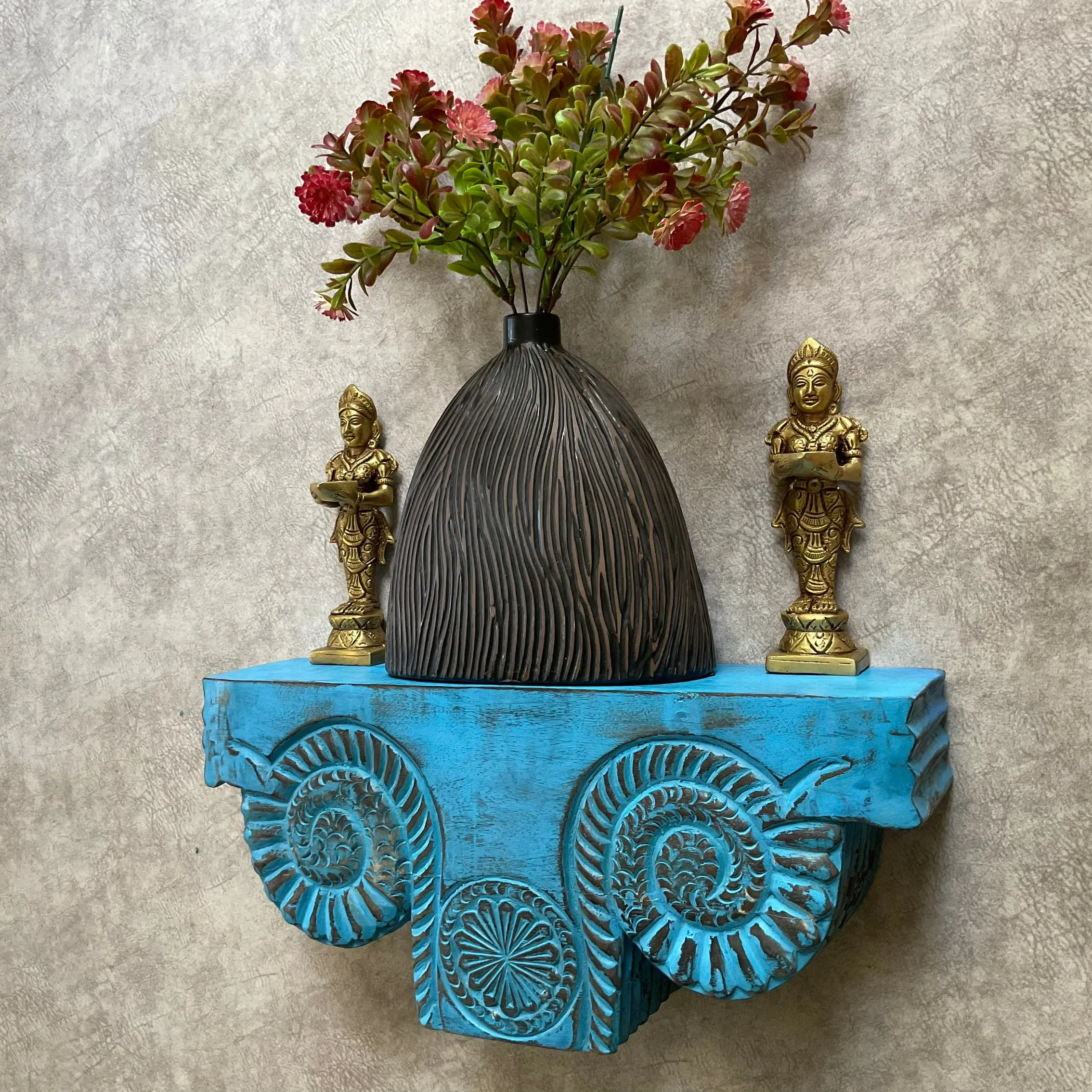 Distressed Wooded Blue Platform With Deep Lakshmi Wall Hanging - Decorative Wall decor (Set of 3)