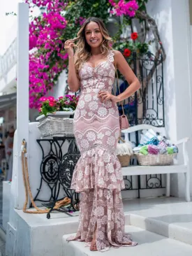 Dusty Pink Lace Tiered Mermaid Boho Long Prom Dresses.PD00273