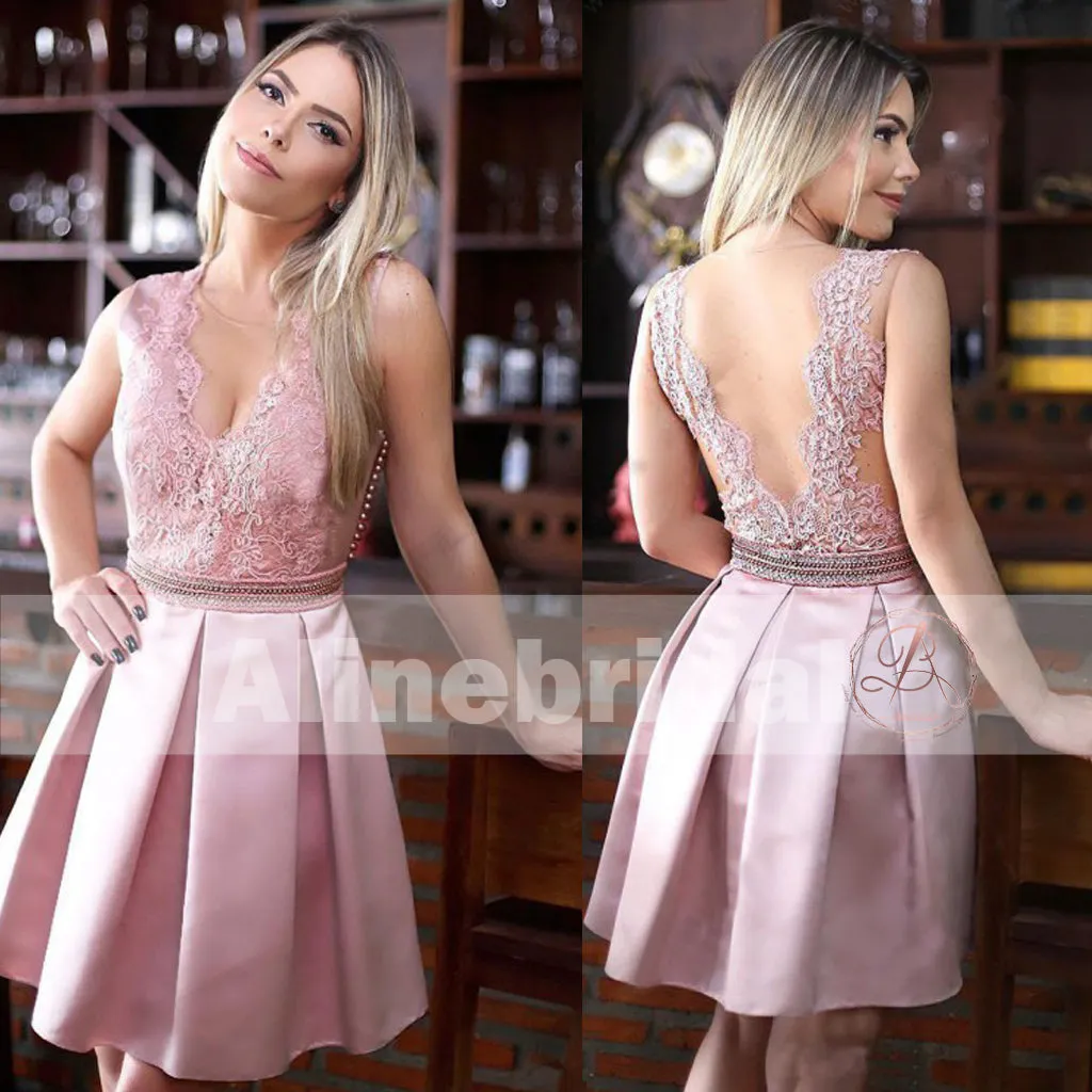 Dusty Rose Lace Satin With Beaded Sash V-neck Homecoming Dresses,BD00230