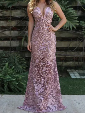 Dusty Rose Lace Spaghetti Strap Sheath Long Prom Dresses.PD00242