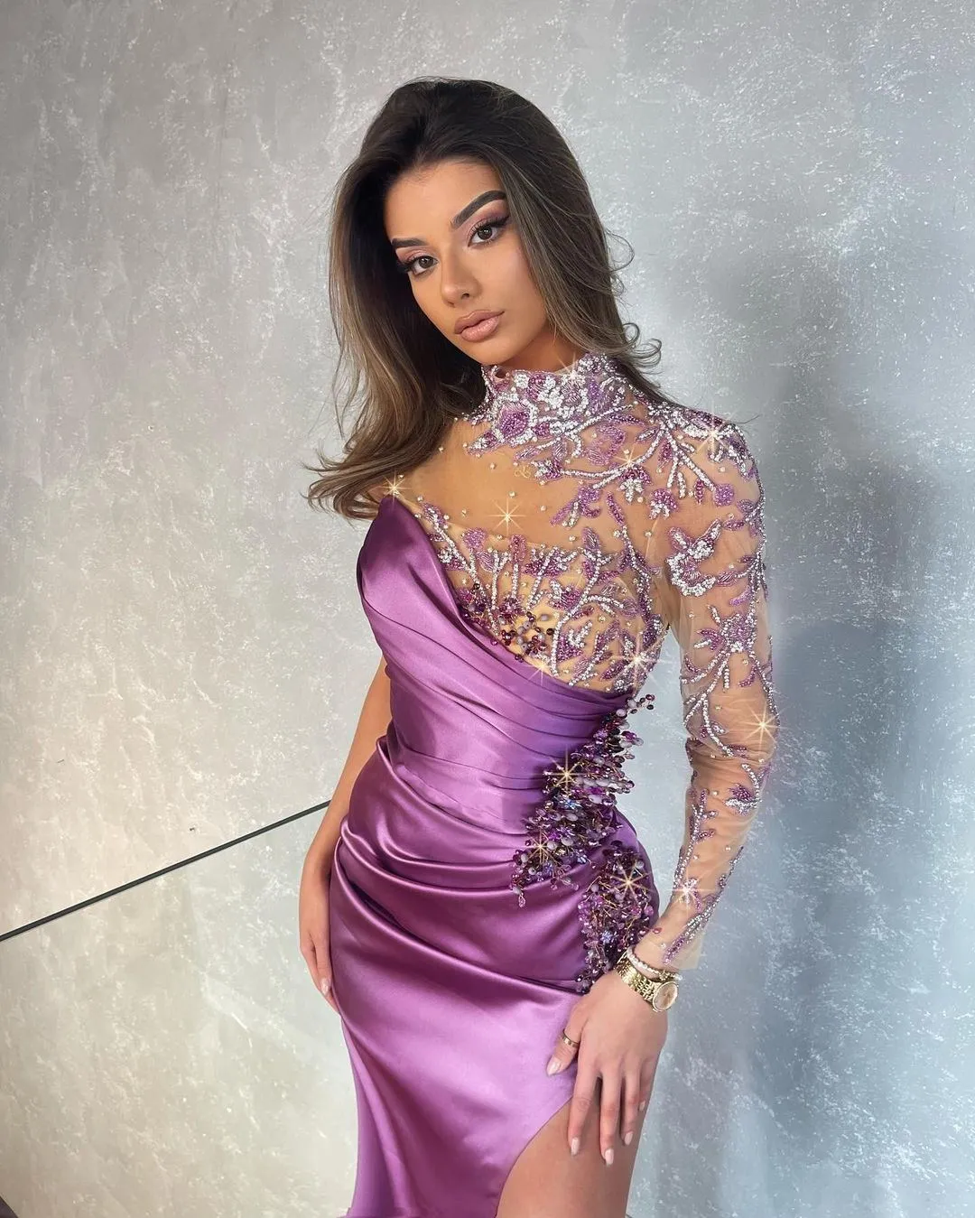 Elegant High Neck Mermaid Side Slit Long Sleeve Prom Dresses, PDS0277