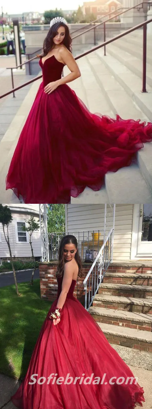 Elegant Red Velvet Top Tulle Bottom Sweetheart A-Line Long Prom Dresses,SFPD0299