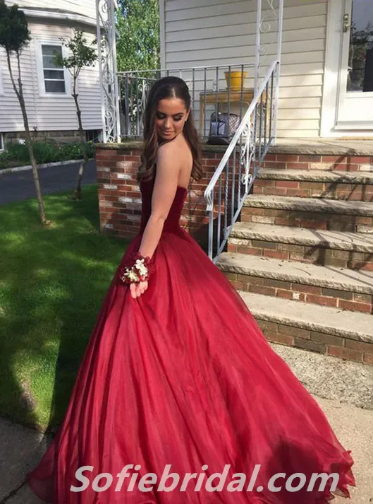 Elegant Red Velvet Top Tulle Bottom Sweetheart A-Line Long Prom Dresses,SFPD0299