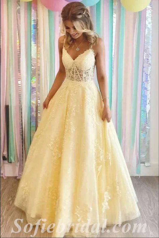 Elegant Yellow Lace And Tulle Spaghetti Straps V-Neck Lace Up Back A-Line Long Prom Dresses,SFPD0473