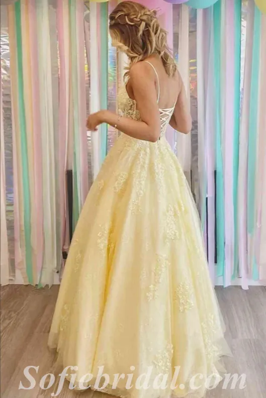 Elegant Yellow Lace And Tulle Spaghetti Straps V-Neck Lace Up Back A-Line Long Prom Dresses,SFPD0473