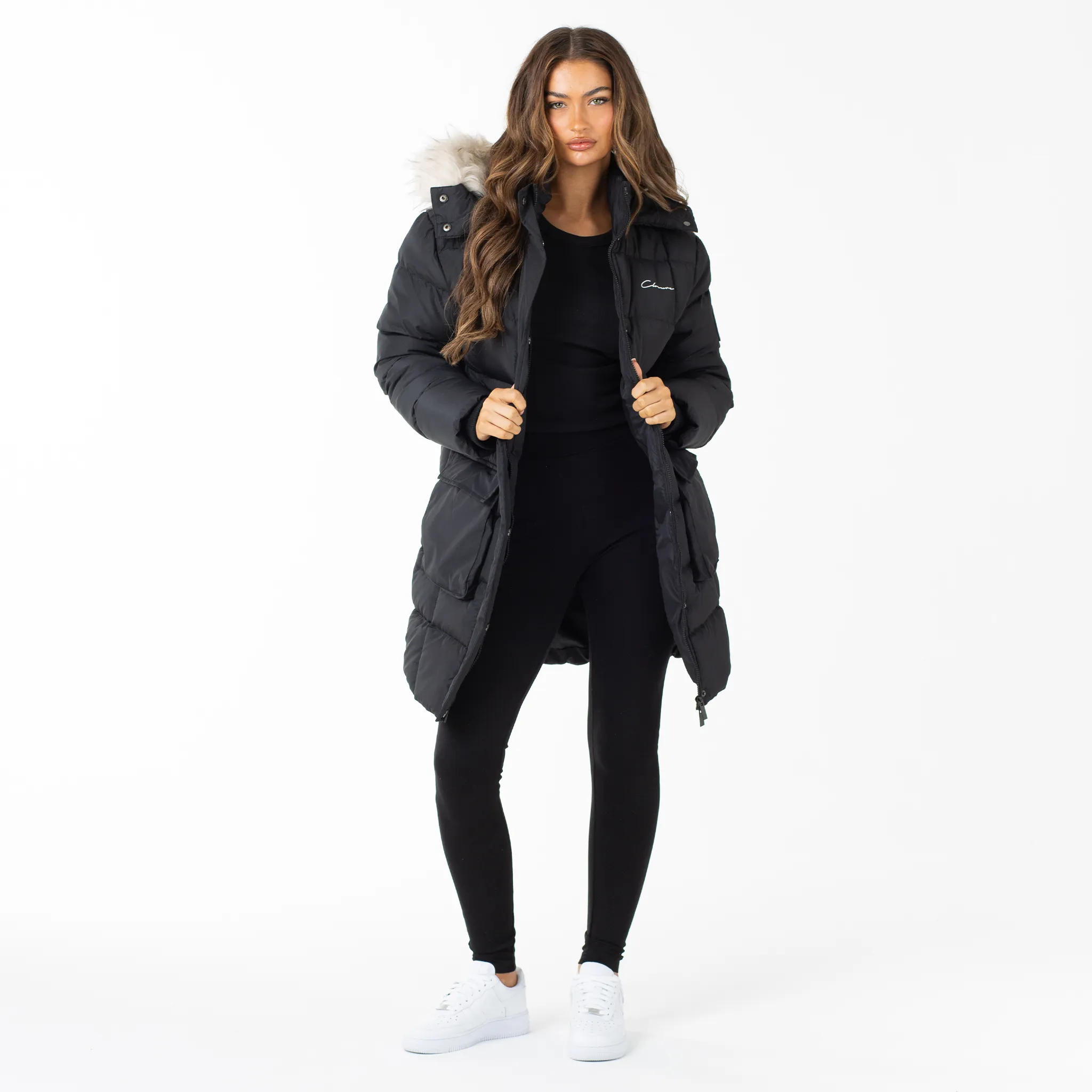 Faux Fur Longline Puffer  | Black