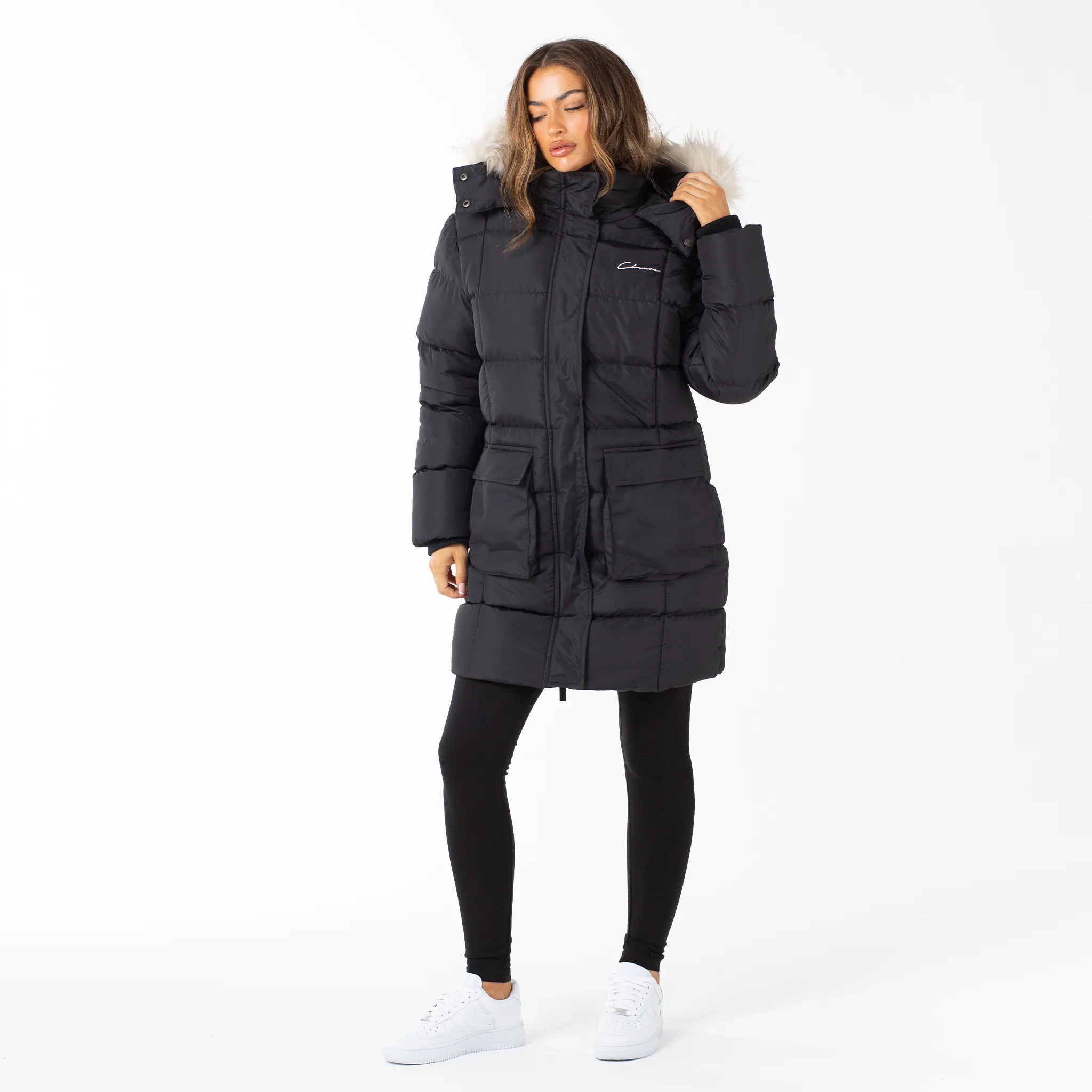 Faux Fur Longline Puffer  | Black