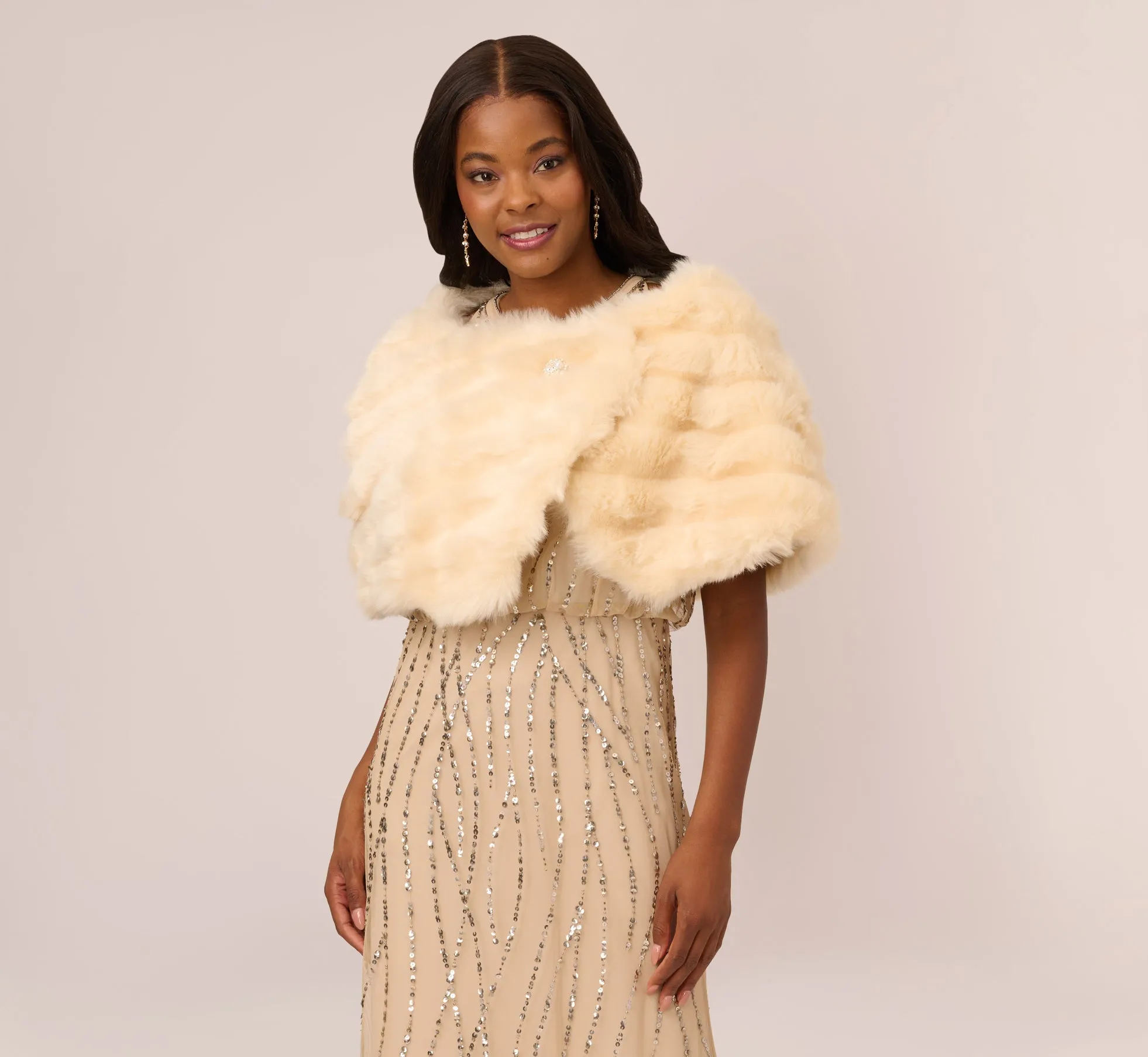 Faux Fur Wrap With Stone Brooch In Champagne