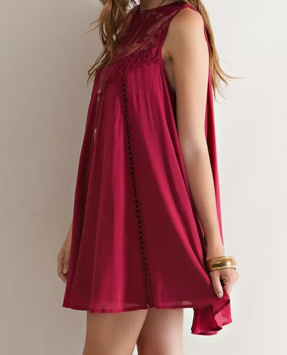 Final Sale - Boho Crochet Lace Dress in Burgundy