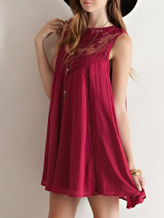 Final Sale - Boho Crochet Lace Dress in Burgundy