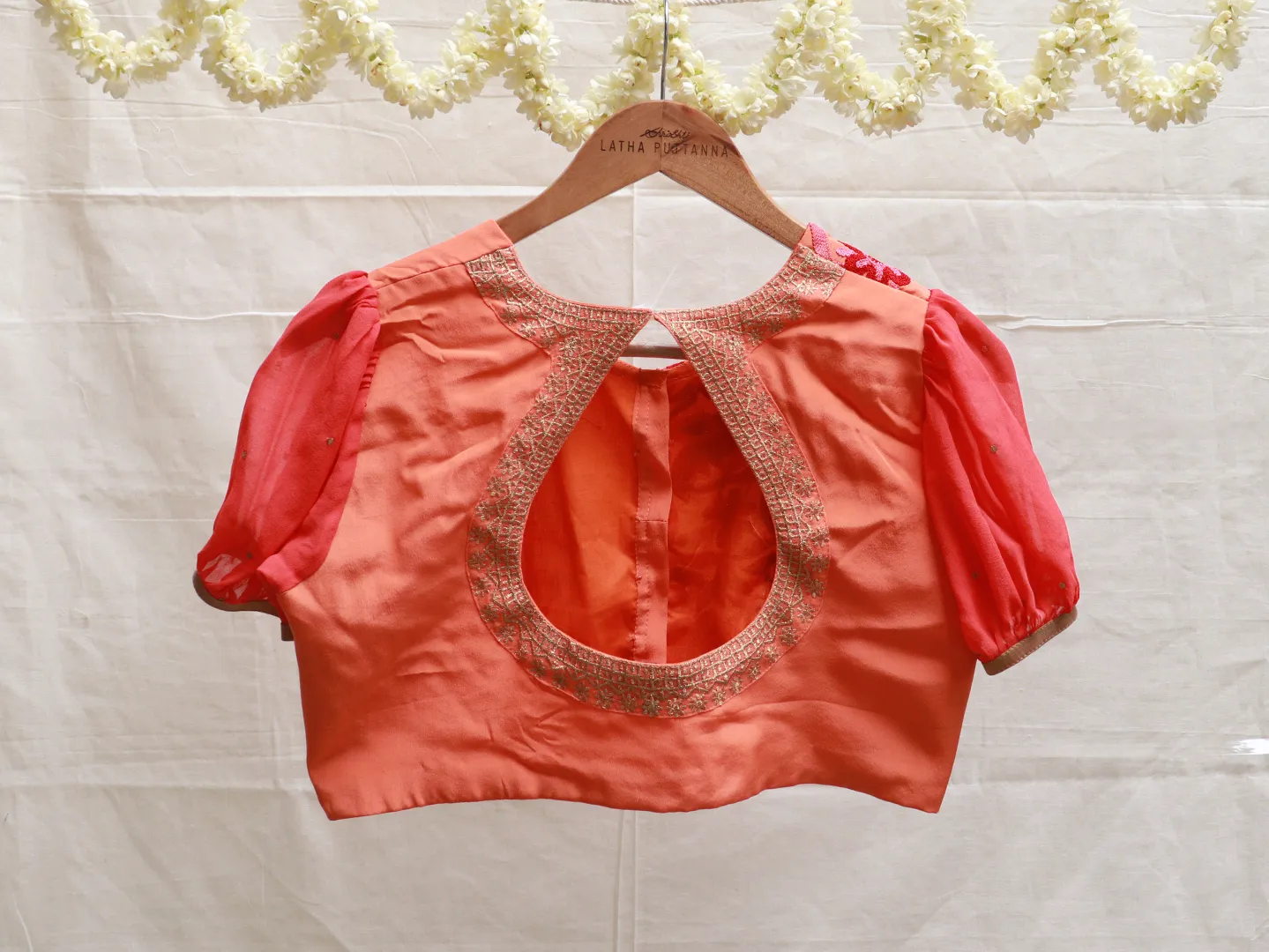 Flame Orange, crepe silk, Hand embroidery blouse