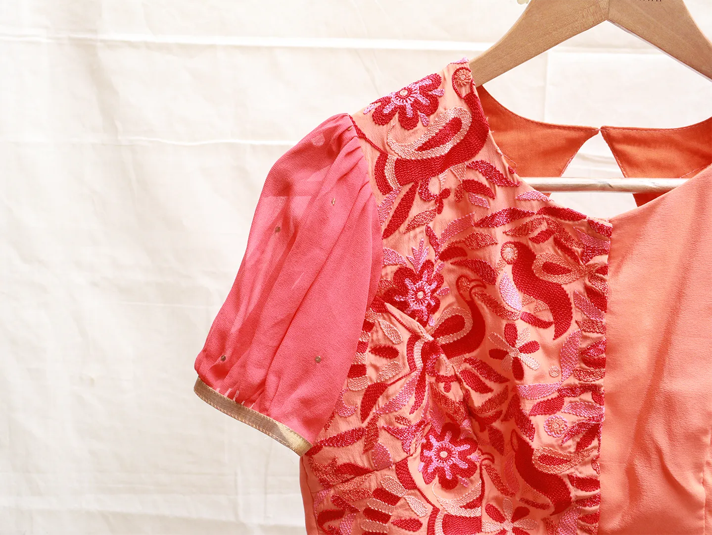 Flame Orange, crepe silk, Hand embroidery blouse