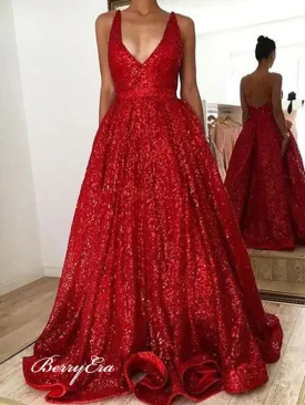 Formal Red Sequin Elegant Long Prom Dresses, Modest Prom Dresses, Popular Prom Dresses