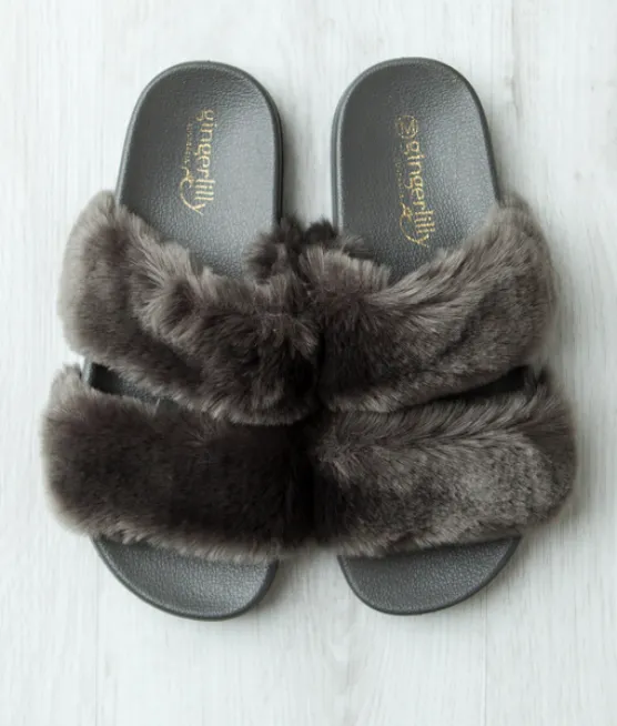 Gingerlily Double Strap Faux Fur Slide Grey