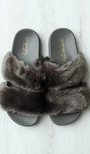 Gingerlily Double Strap Faux Fur Slide Grey