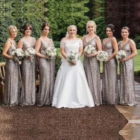 Gray Sequins V-neck Long Mermaid Bridesmaid Dresses