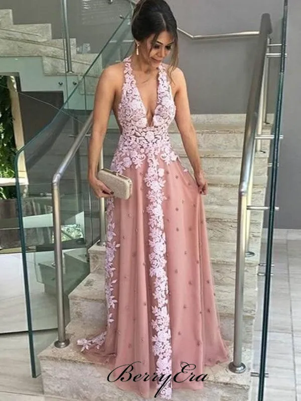 Halter Deep V-neck Lace Prom Dresses, Sexy Prom Dresses Long