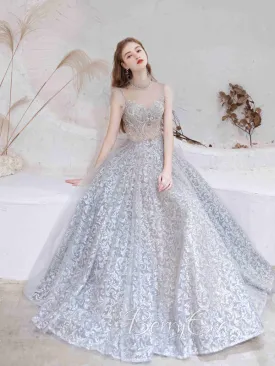 High Neck A-line Silver Lace Beaded Prom Dresses, 2023 Prom Dresses, Newest Prom Dresses, Girl Party Dresses, Evening Dresses