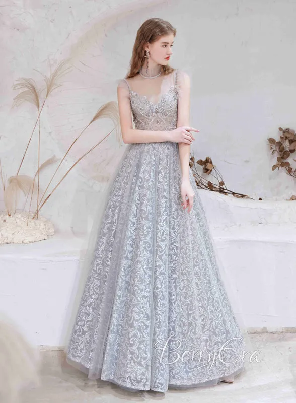 High Neck A-line Silver Lace Beaded Prom Dresses, 2023 Prom Dresses, Newest Prom Dresses, Girl Party Dresses, Evening Dresses