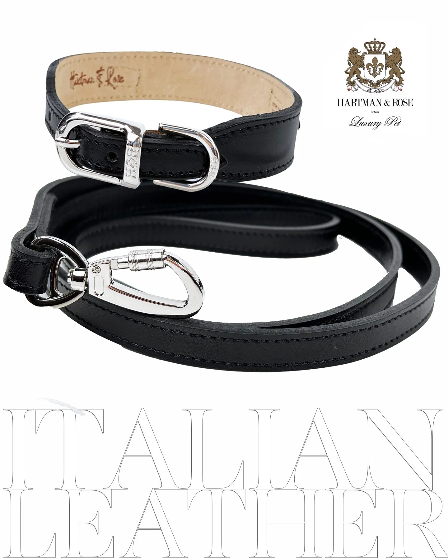 Italian Black Leather Dog Collar in Nickel