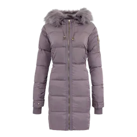 Jessica Simpson Women's Fur Trimmed Sherpa Lined Quilted Puffer Jacket Mauve L