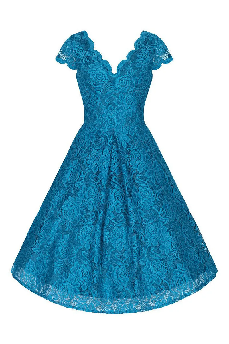 Jolie Moi Turquoise Blue Embroidered Lace V Neck Capped Sleeve 50s Swing Dress