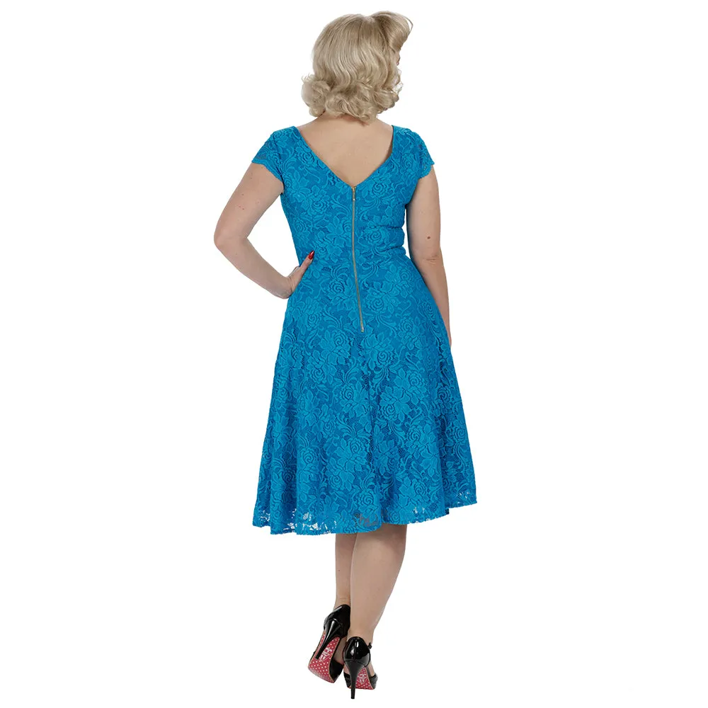 Jolie Moi Turquoise Blue Embroidered Lace V Neck Capped Sleeve 50s Swing Dress