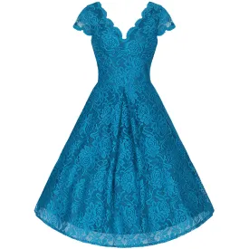 Jolie Moi Turquoise Blue Embroidered Lace V Neck Capped Sleeve 50s Swing Dress