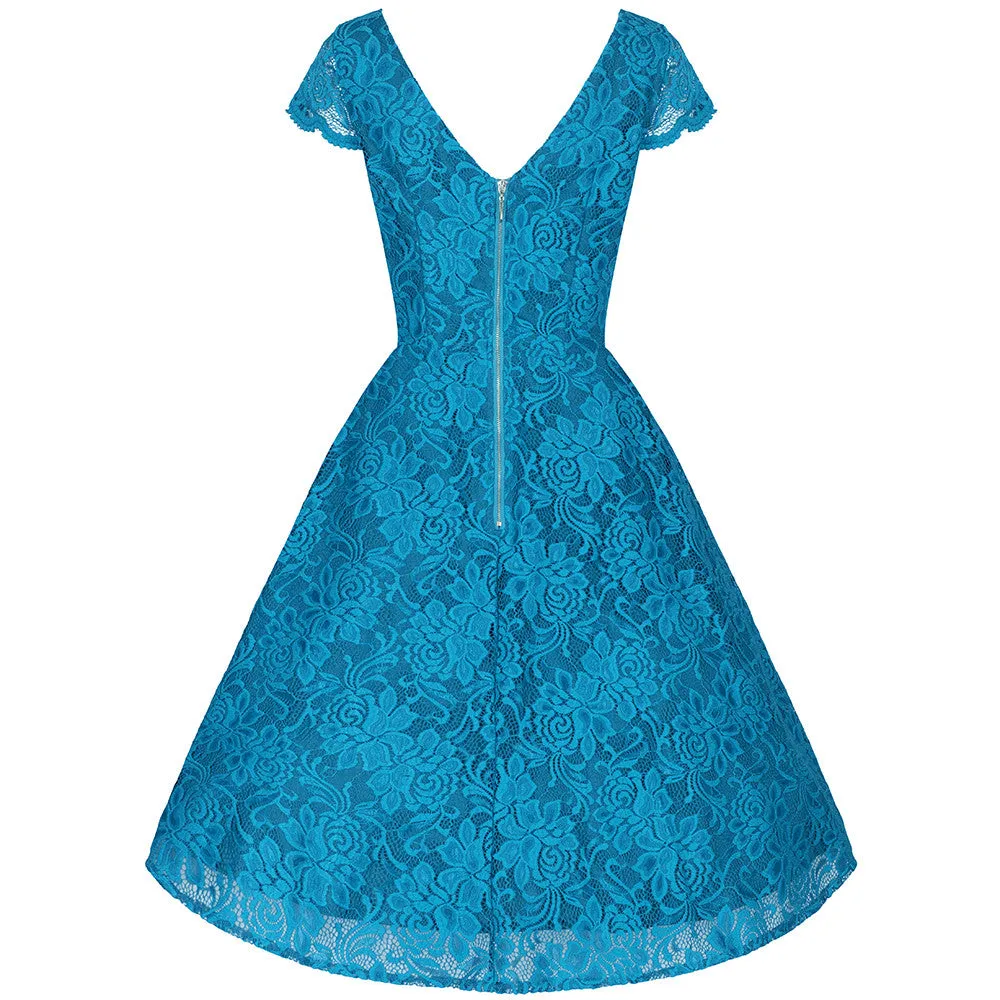 Jolie Moi Turquoise Blue Embroidered Lace V Neck Capped Sleeve 50s Swing Dress