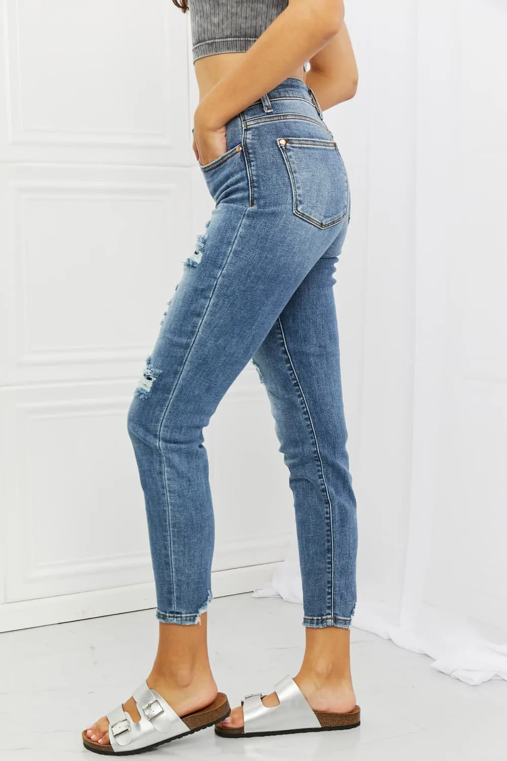 Judy Blue, Mid Rise Navy Blue Patched Destroy Relaxed Jeans