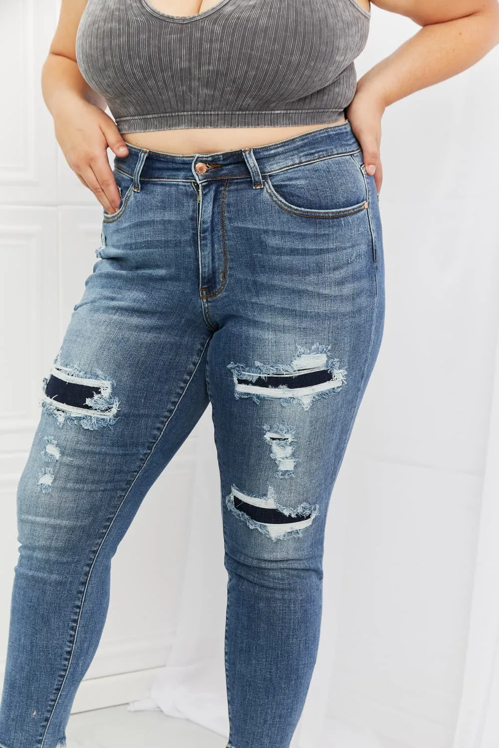 Judy Blue, Mid Rise Navy Blue Patched Destroy Relaxed Jeans