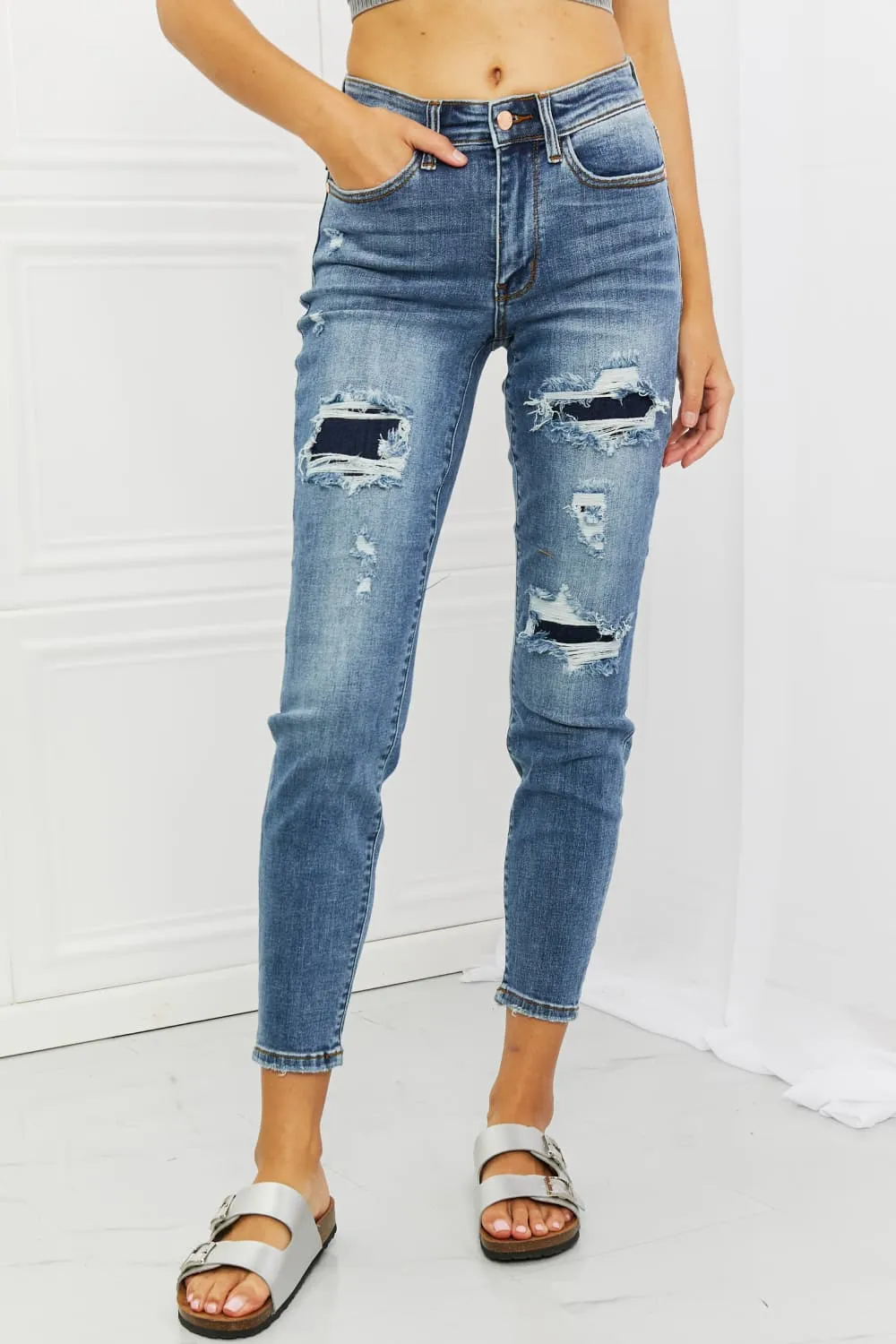 Judy Blue, Mid Rise Navy Blue Patched Destroy Relaxed Jeans