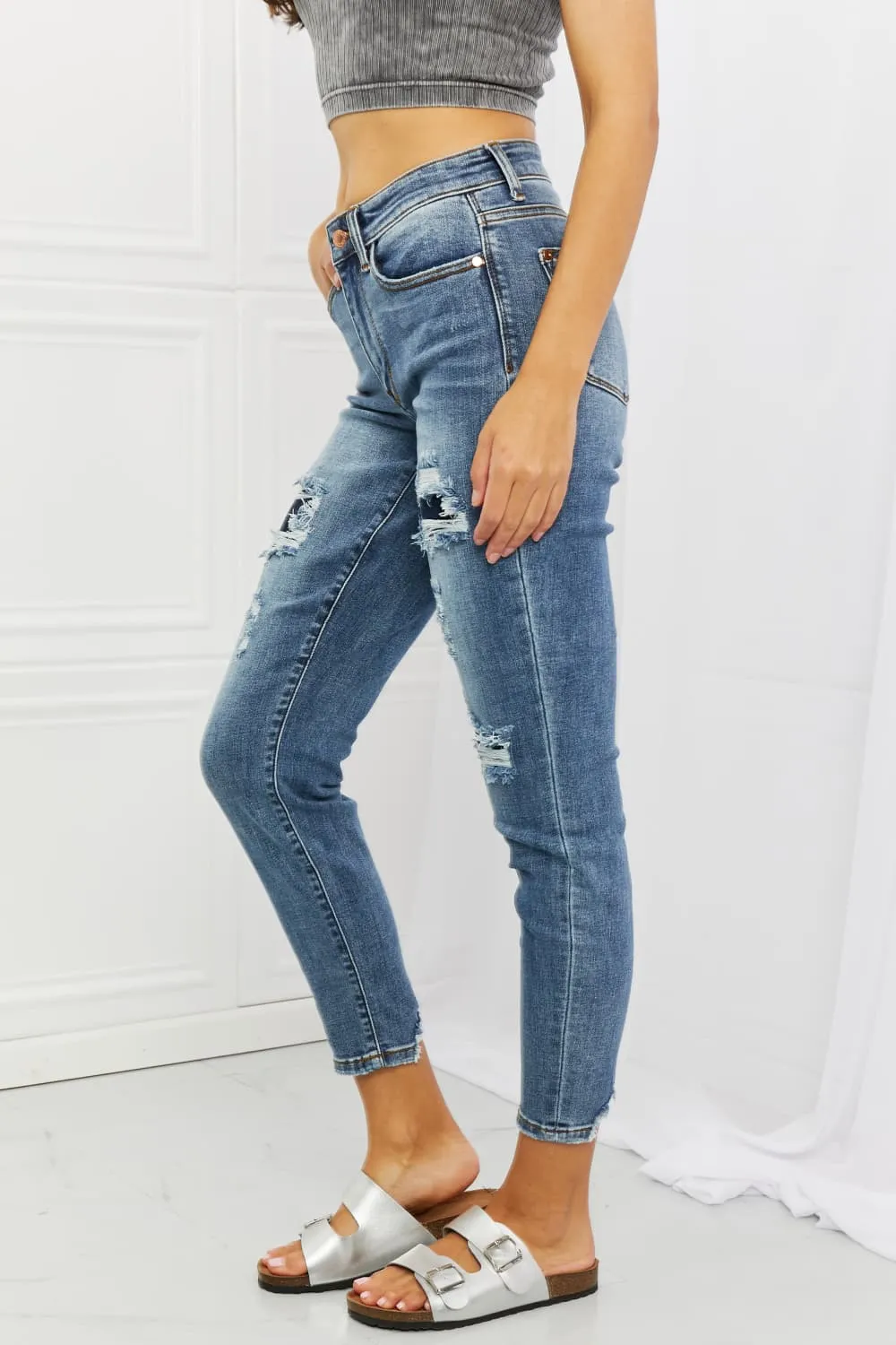 Judy Blue, Mid Rise Navy Blue Patched Destroy Relaxed Jeans