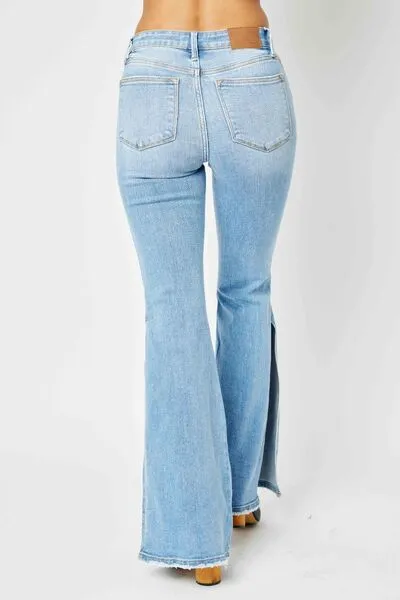 Judy Blue, Mid Rise Raw Hem Slit Flare Jeans