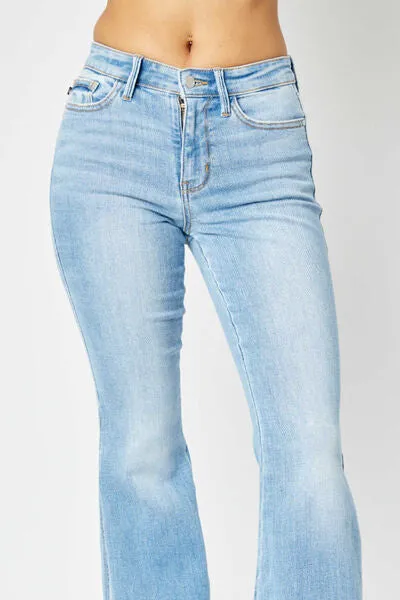 Judy Blue, Mid Rise Raw Hem Slit Flare Jeans