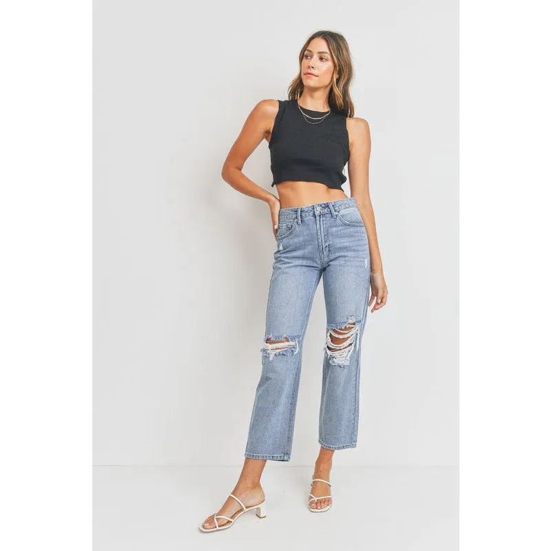 JUST USA Cropped Distressed Straight Denim