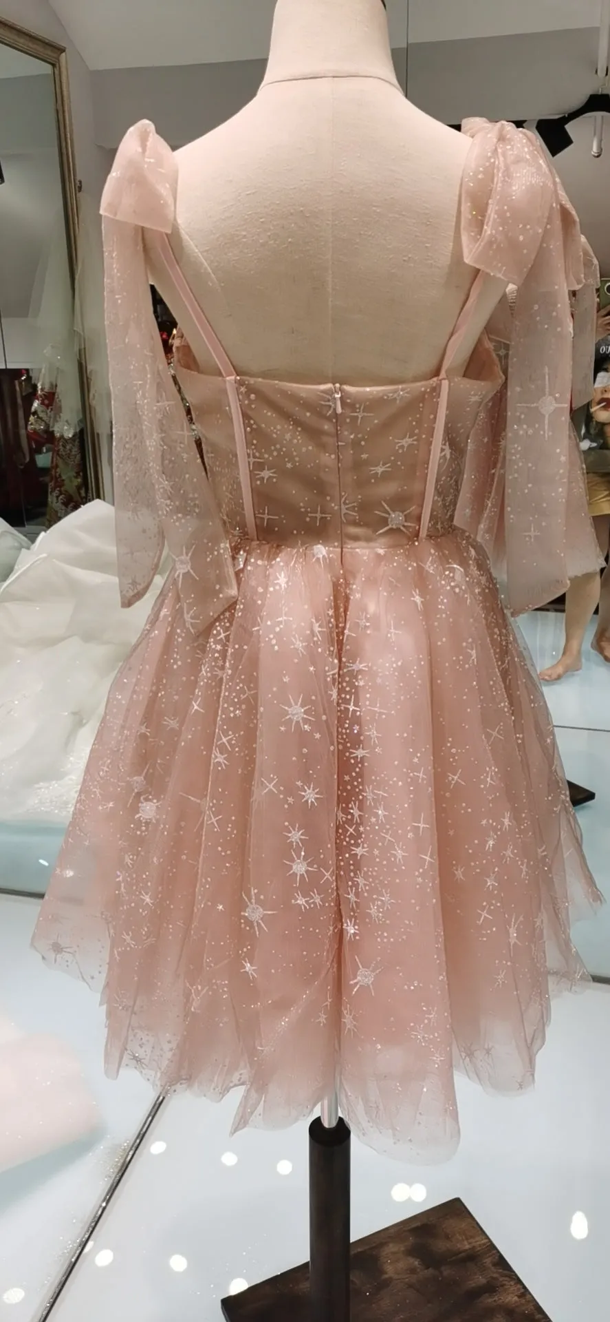 Kayla Stagnoli Pink Sequin Tulle Short Prom Dresses, Lovely Midi Dresses, Homecoming Dresses, HD002