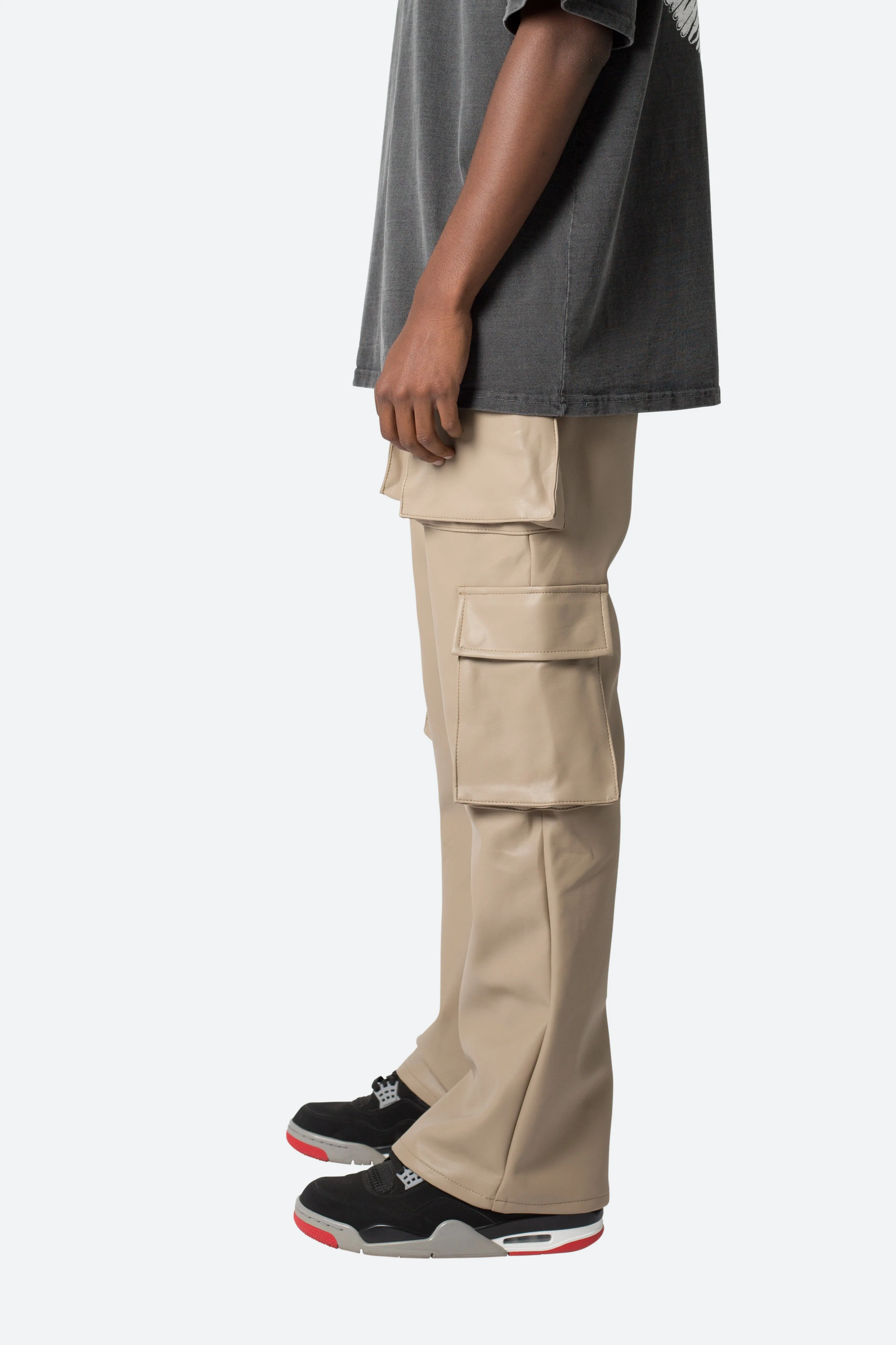 Leather Double Snap Cargo Pants - Khaki