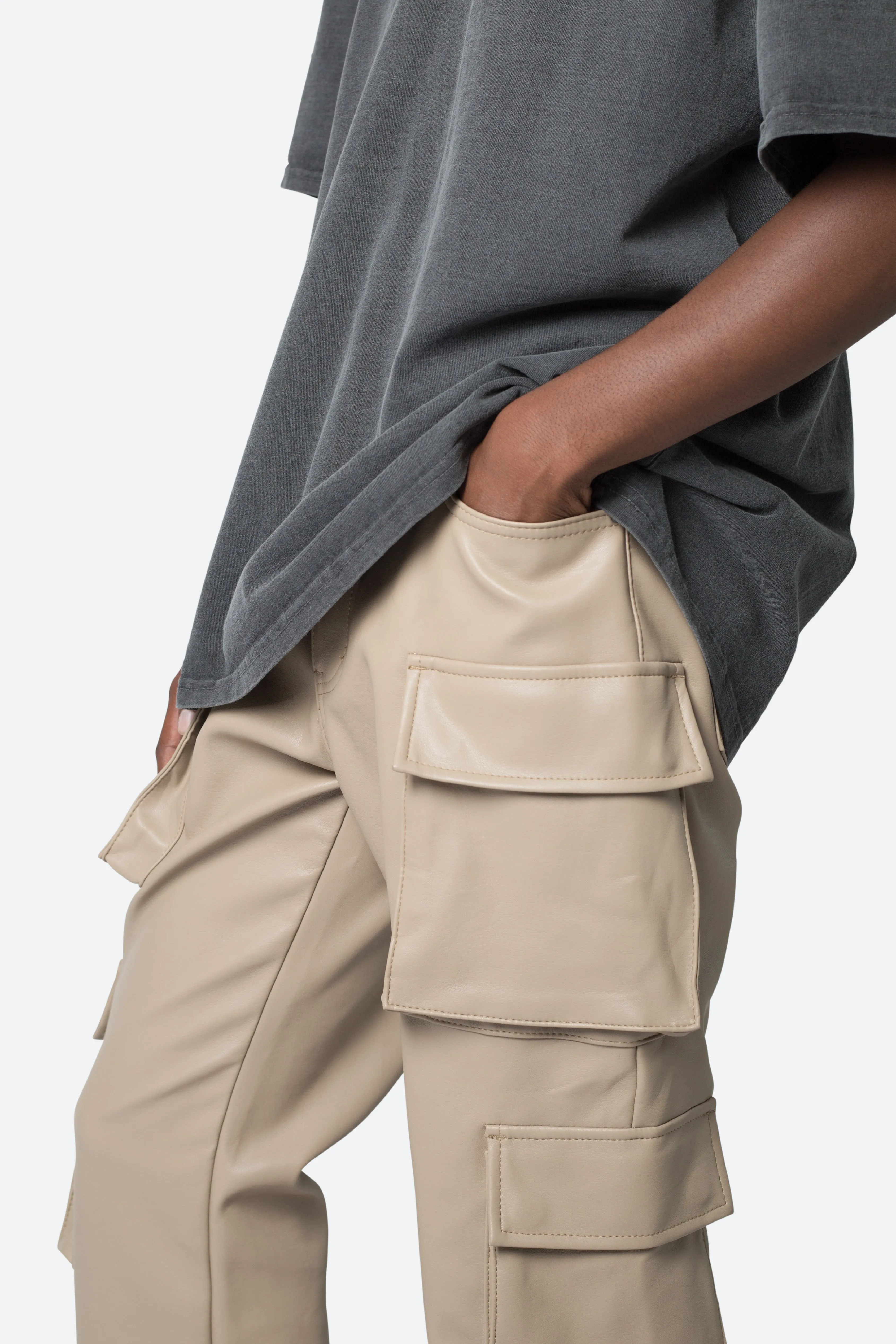 Leather Double Snap Cargo Pants - Khaki