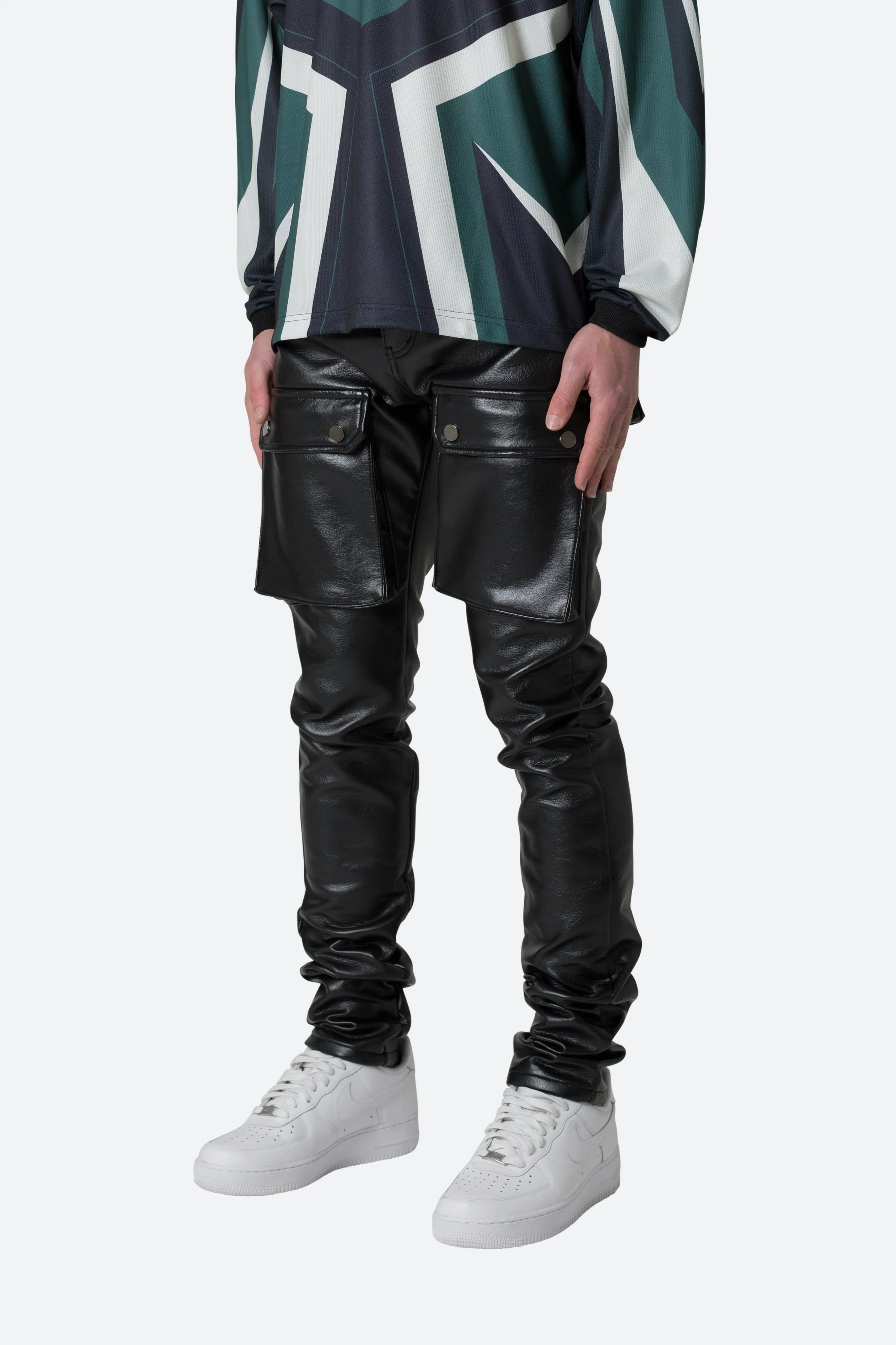 Leather Snap Cargo Pants - Black